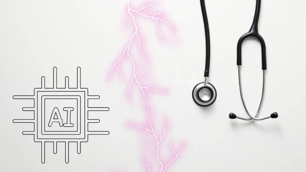 Mesterséges intelligencia chip ikon és fekete sztetoszkóp fehér háttéren, közöttük rózsaszín villám